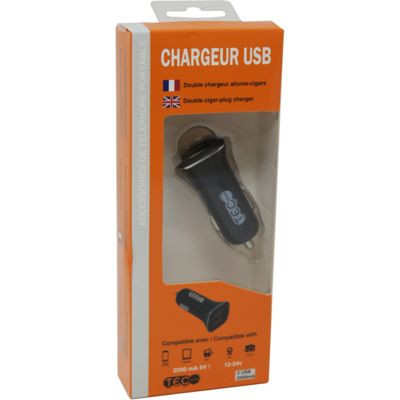 CHARGEUR USB TEC NOIR 2 SORTIES - Téléphonie