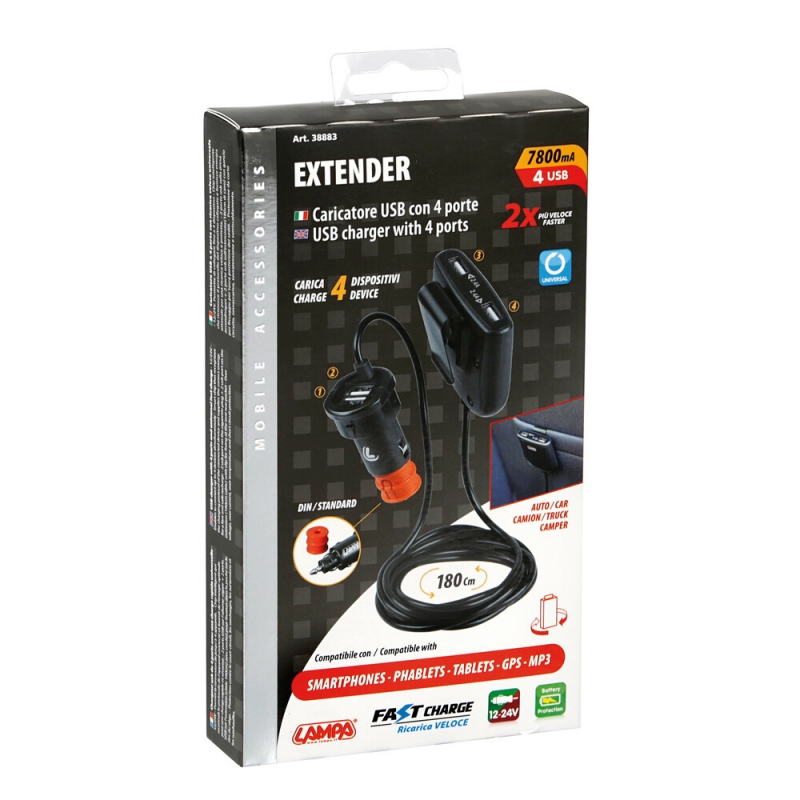 Chargeur de batterie 4 ports USB avec rallonge - Fast Charge - 7800 mA - 12/24V - Accueil